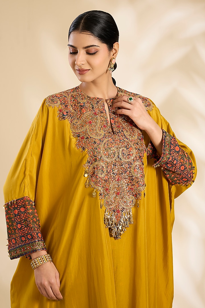 Mustard Silk Hand & Machine Embroidered Kaftan Set by Debyani at Pernia's Pop Up Shop
