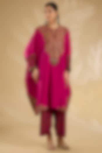 Magenta Silk Hand & Machine Embroidered Kaftan Set by Debyani at Pernia's Pop Up Shop