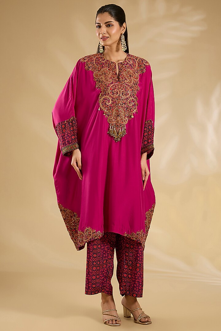 Magenta Silk Hand & Machine Embroidered Kaftan Set by Debyani at Pernia's Pop Up Shop