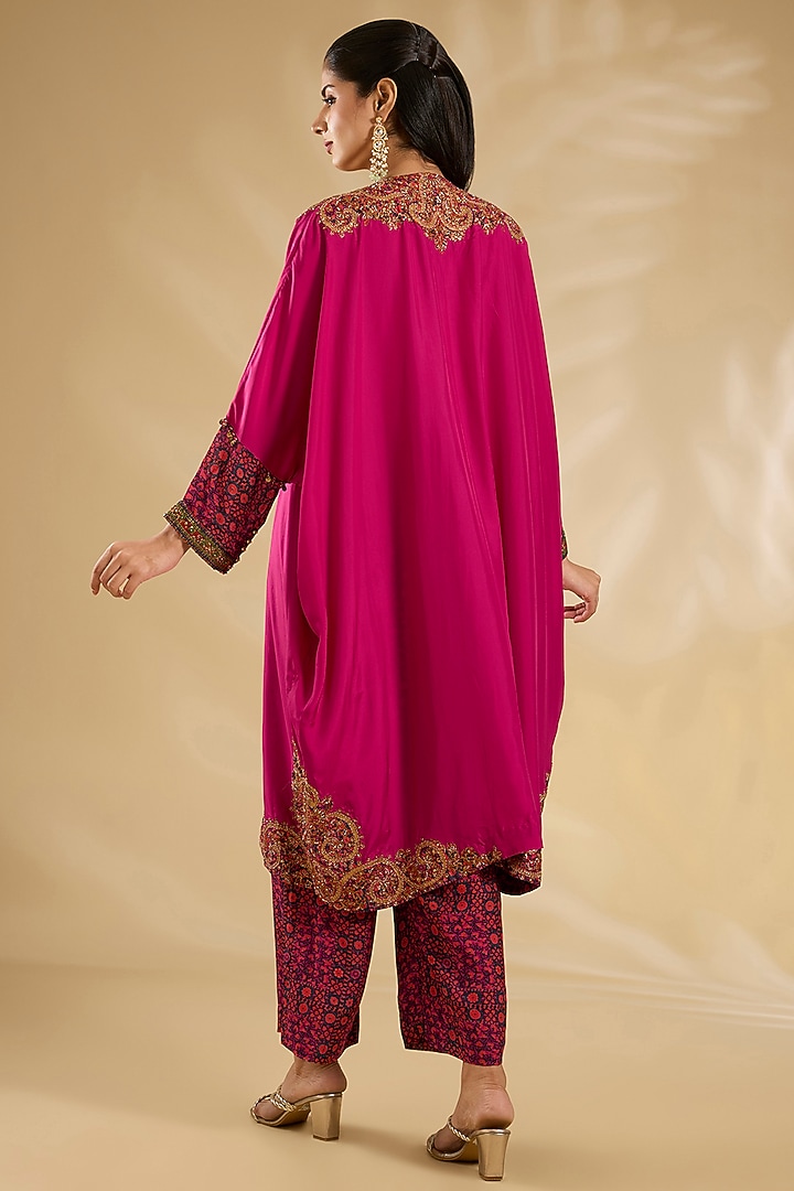 Magenta Silk Hand & Machine Embroidered Kaftan Set by Debyani at Pernia's Pop Up Shop