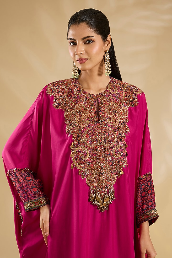 Magenta Silk Hand & Machine Embroidered Kaftan Set by Debyani at Pernia's Pop Up Shop