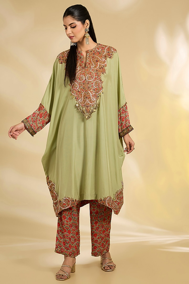 Pista Green Silk Hand & Machine Embroidered Kaftan Set by Debyani at Pernia's Pop Up Shop