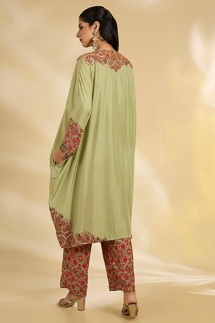 Pista Green Silk Hand & Machine Embroidered Kaftan Set by Debyani at Pernia's Pop Up Shop