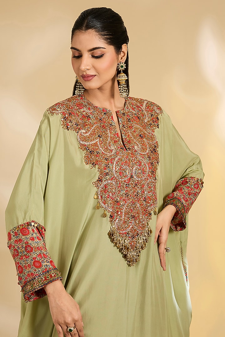 Pista Green Silk Hand & Machine Embroidered Kaftan Set by Debyani at Pernia's Pop Up Shop