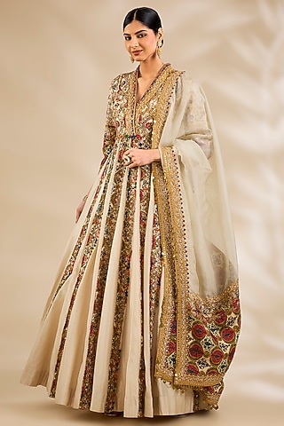 Ivory Chanderi Hand & Machine Embroidered Anarkali Set by Debyani