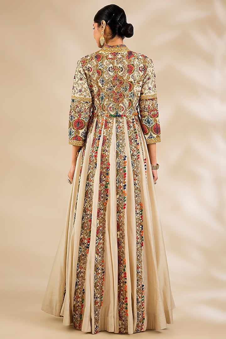 Ivory Chanderi Hand & Machine Embroidered Bridal Anarkali Set by Debyani at Pernia's Pop Up Shop