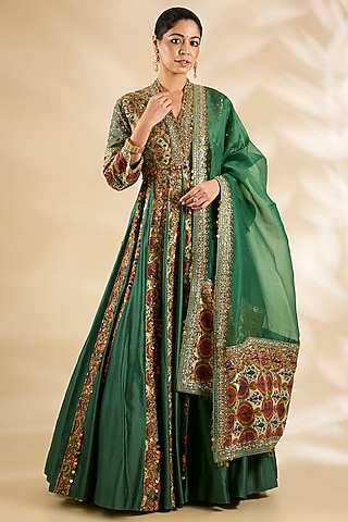 Green Silk Embroidered & Printed Anarkali Set by Debyani