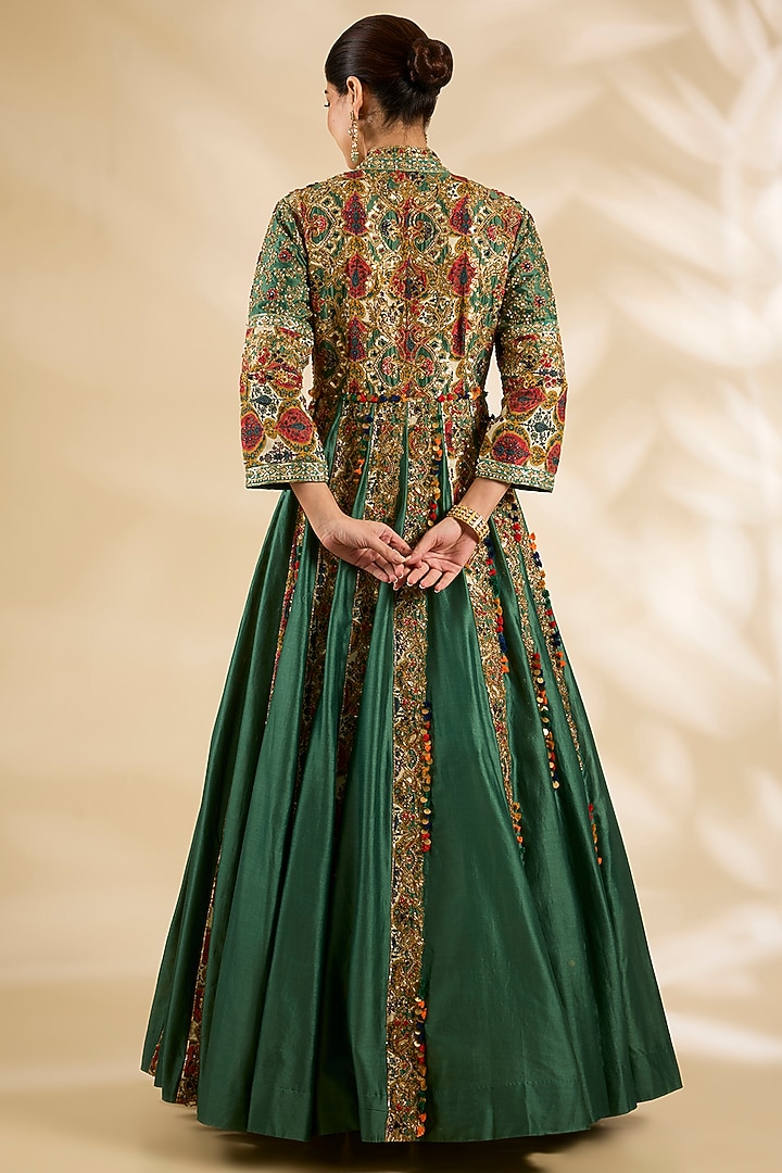 Green Silk Embroidered & Printed Bridal Anarkali Set by Debyani at Pernia's Pop Up Shop