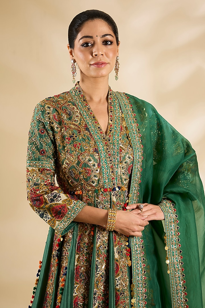 Green Silk Embroidered & Printed Bridal Anarkali Set by Debyani at Pernia's Pop Up Shop