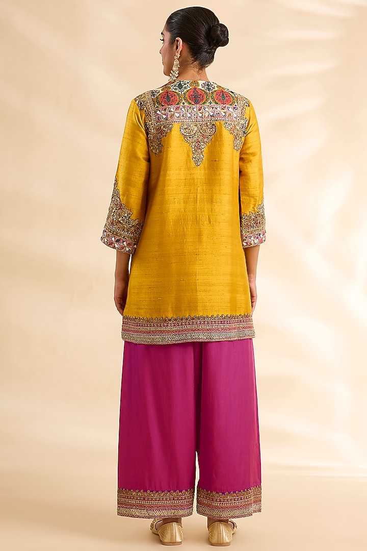 Mustard Silk & Raw Silk Embroidered Kurta Set by Debyani at Pernia's Pop Up Shop