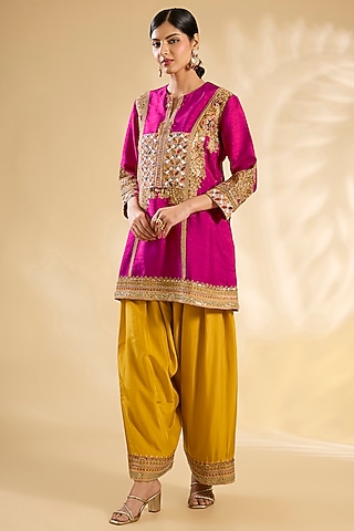 Rani Pink Silk Abstract Printed & Hand Embroidered Kurta Set by Debyani