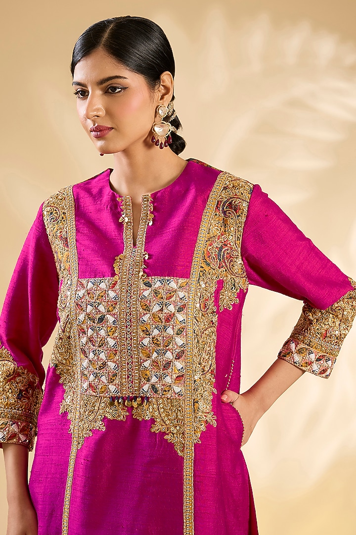 Rani Pink Silk Abstract Printed & Hand Embroidered Kurta Set by Debyani at Pernia's Pop Up Shop