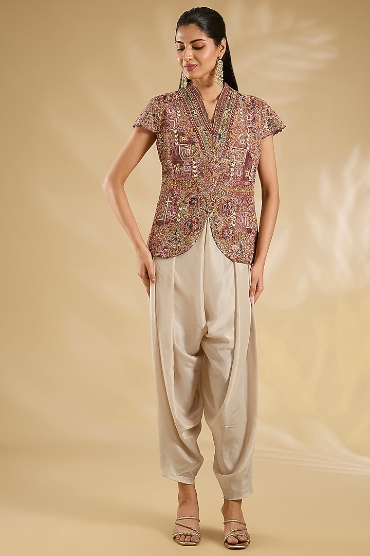 Falsa-Colored Silk Hand & Machine Embroidered Jacket Set by Debyani at Pernia's Pop Up Shop