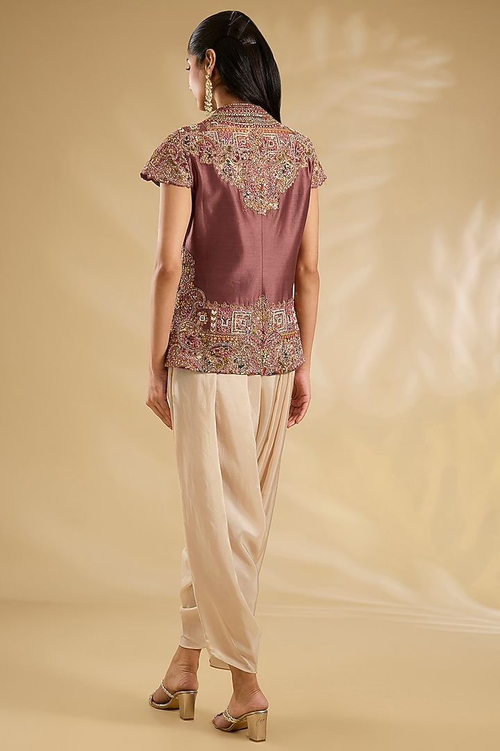 Falsa-Colored Silk Hand & Machine Embroidered Jacket Set by Debyani at Pernia's Pop Up Shop