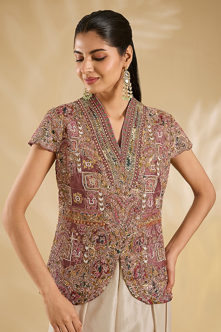 Falsa-Colored Silk Hand & Machine Embroidered Jacket Set by Debyani at Pernia's Pop Up Shop
