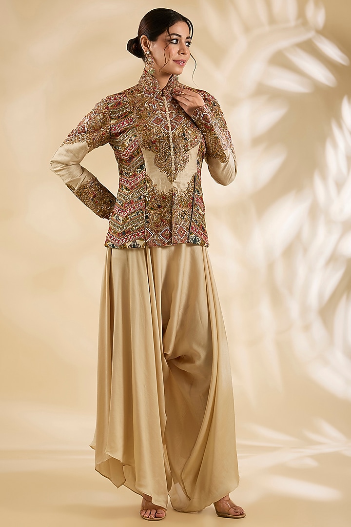 Ivory Raw Silk Hand & Machine Embroidered Jacket Set by Debyani at Pernia's Pop Up Shop