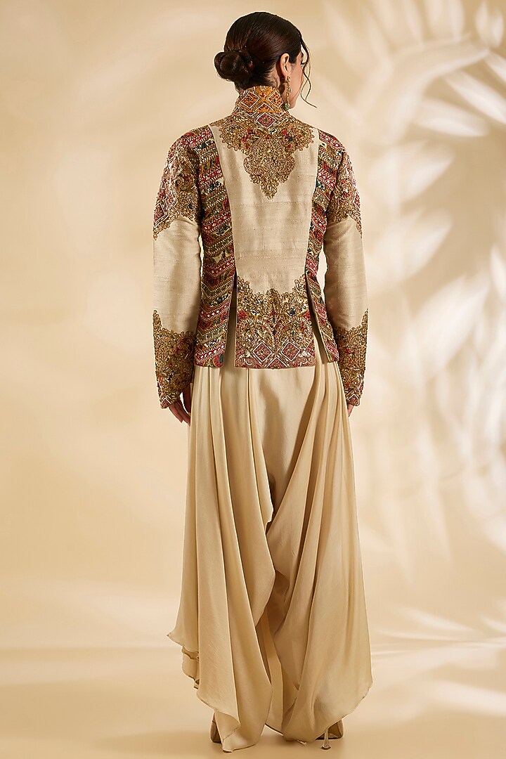 Ivory Raw Silk Hand & Machine Embroidered Jacket Set by Debyani at Pernia's Pop Up Shop
