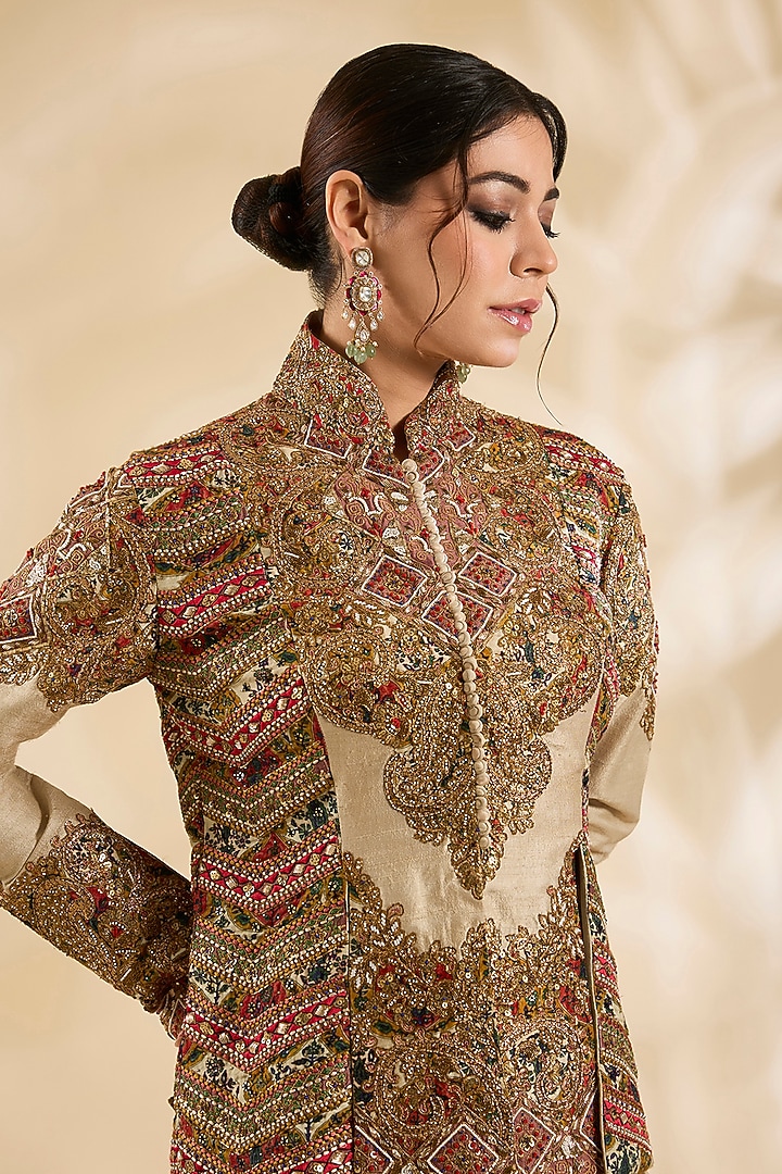 Ivory Raw Silk Hand & Machine Embroidered Jacket Set by Debyani at Pernia's Pop Up Shop