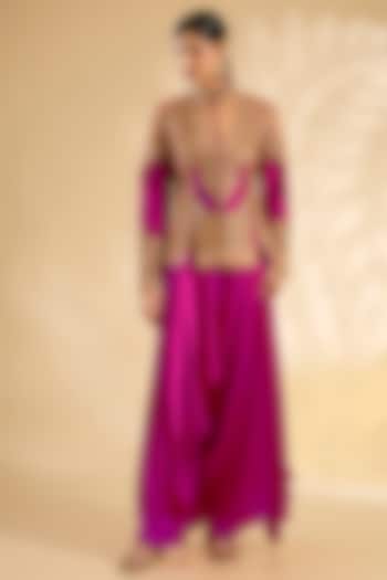 Rani Pink Silk Floral Printed & Hand Embroidered Jacket Set by Debyani at Pernia's Pop Up Shop