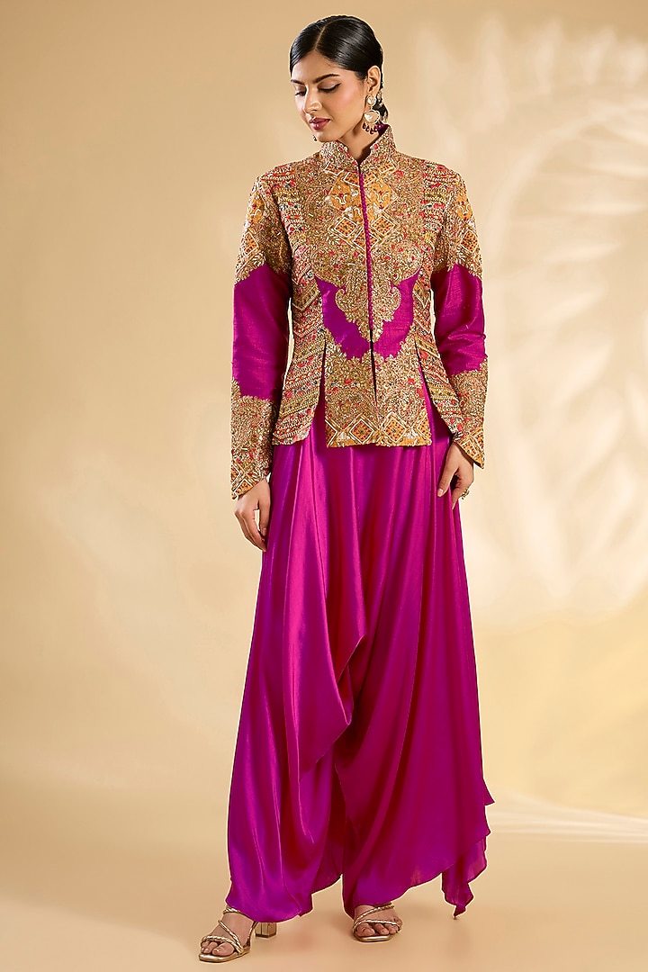 Rani Pink Silk Floral Printed & Hand Embroidered Jacket Set by Debyani at Pernia's Pop Up Shop