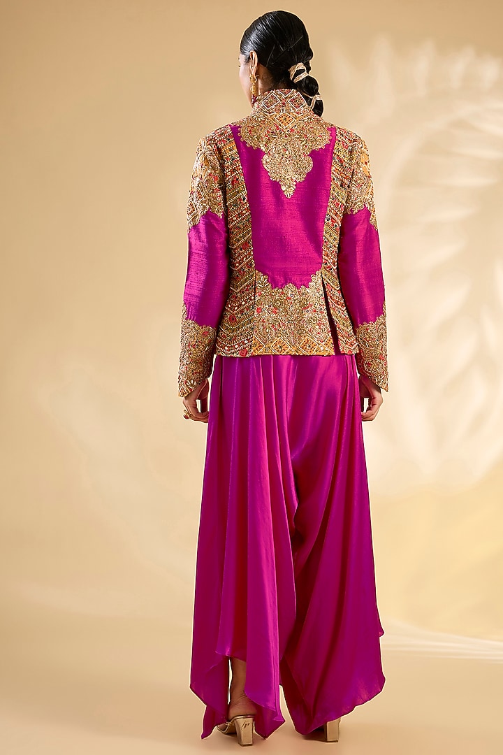 Rani Pink Silk Floral Printed & Hand Embroidered Jacket Set by Debyani at Pernia's Pop Up Shop