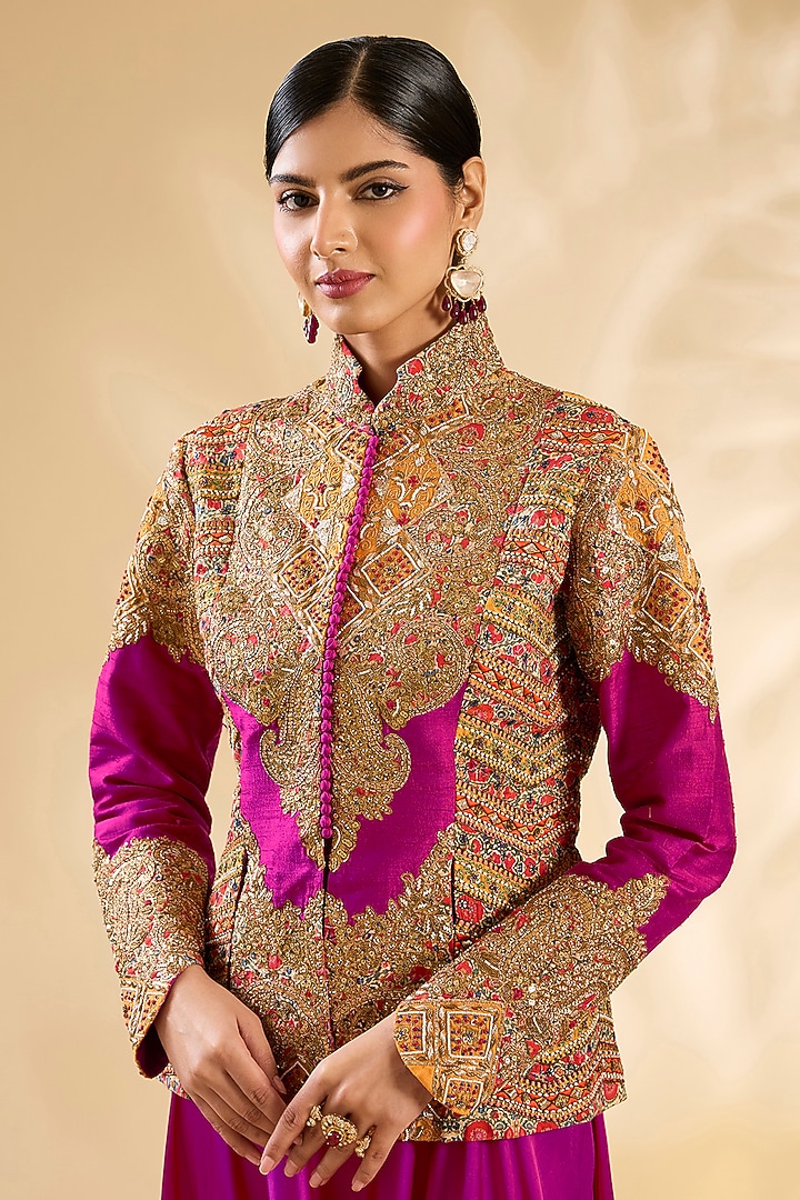 Rani Pink Silk Floral Printed & Hand Embroidered Jacket Set by Debyani at Pernia's Pop Up Shop