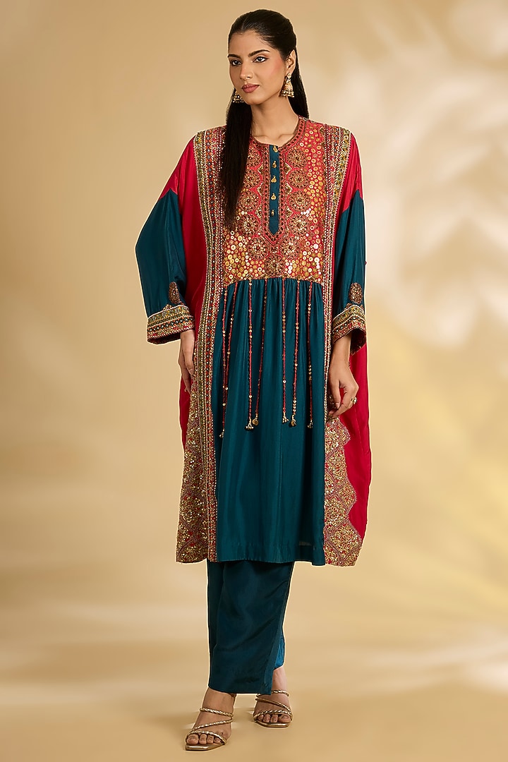 Navy Blue Silk Hand & Machine Embroidered Kaftan Set by Debyani at Pernia's Pop Up Shop