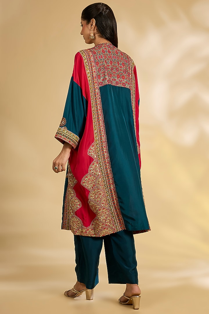 Navy Blue Silk Hand & Machine Embroidered Kaftan Set by Debyani at Pernia's Pop Up Shop