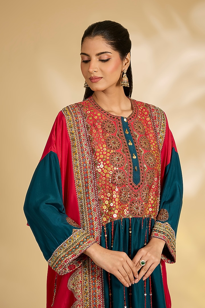 Navy Blue Silk Hand & Machine Embroidered Kaftan Set by Debyani at Pernia's Pop Up Shop
