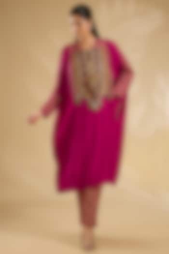 Magenta Silk Hand & Machine Embroidered Kaftan Set by Debyani at Pernia's Pop Up Shop