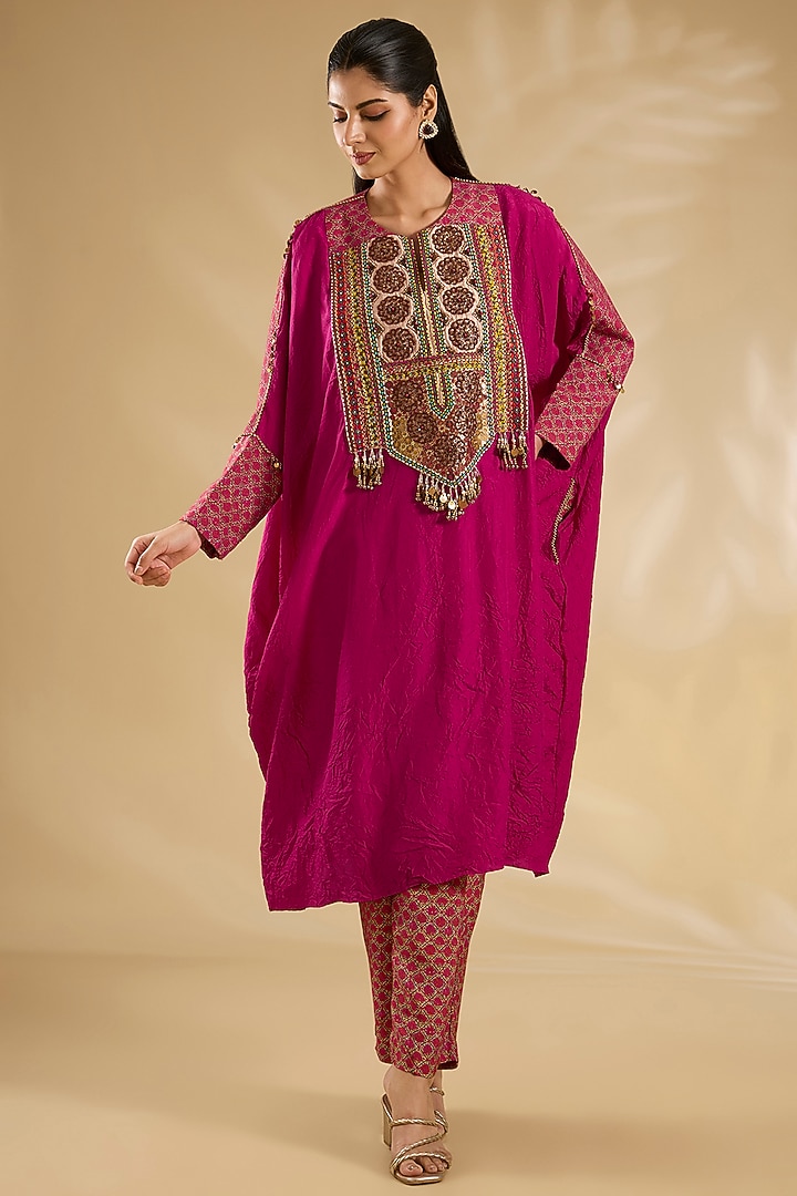 Magenta Silk Hand & Machine Embroidered Kaftan Set by Debyani at Pernia's Pop Up Shop