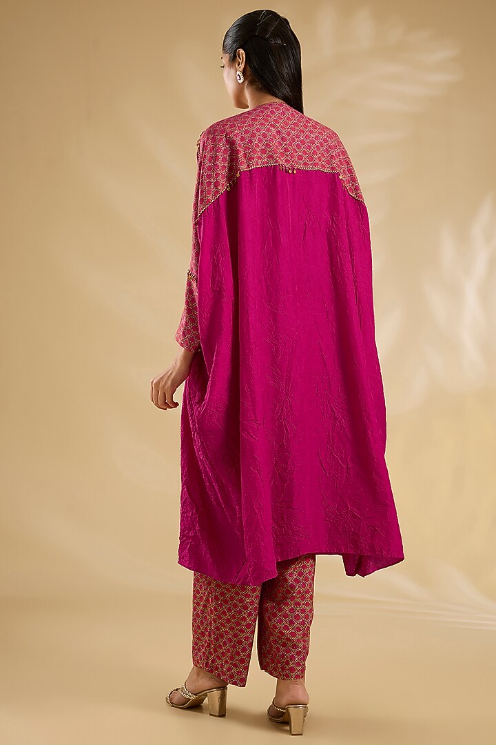 Magenta Silk Hand & Machine Embroidered Kaftan Set by Debyani at Pernia's Pop Up Shop