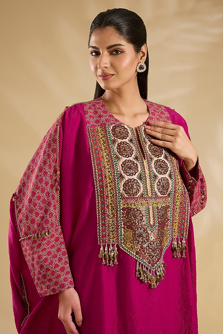 Magenta Silk Hand & Machine Embroidered Kaftan Set by Debyani at Pernia's Pop Up Shop