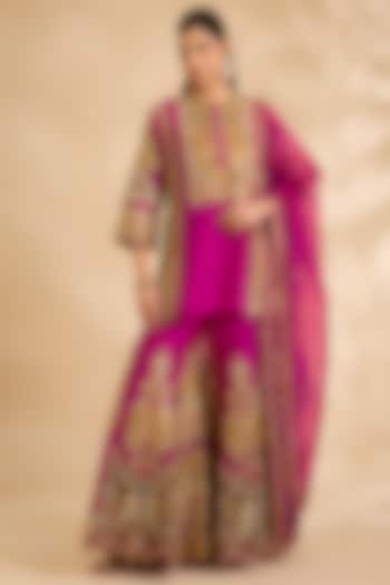 Magenta Silk & Chanderi Hand Embroidered Bridal Sharara Set by Debyani at Pernia's Pop Up Shop