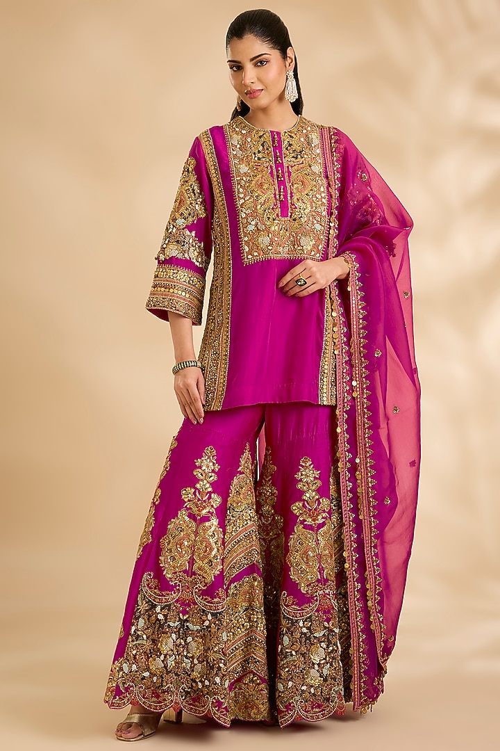 Magenta Silk & Chanderi Hand Embroidered Bridal Sharara Set by Debyani at Pernia's Pop Up Shop