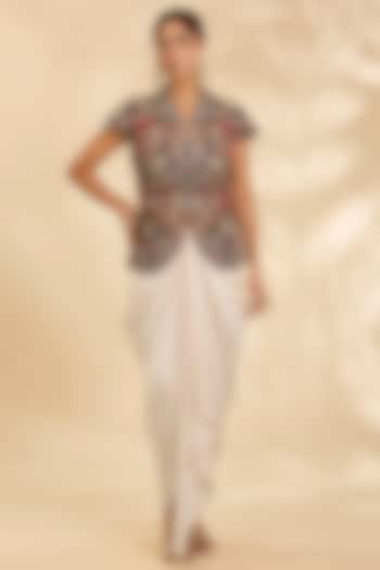 Ivory Silk Draped Skirt Set by Debyani at Pernia's Pop Up Shop