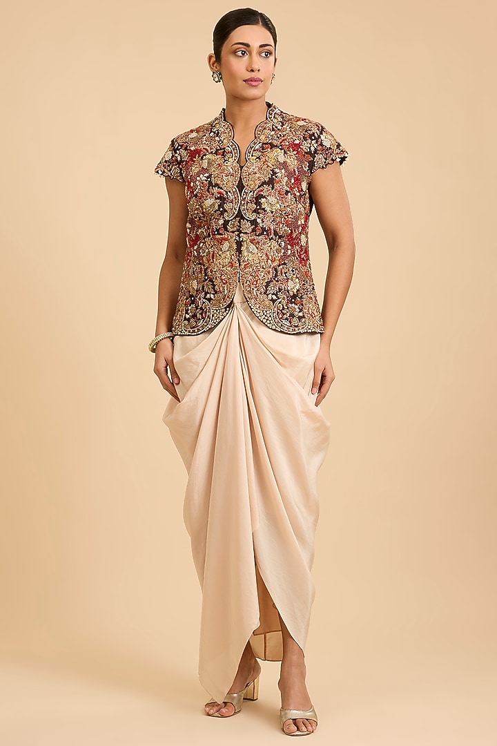 Brown Chanderi Silk Embroidered Jacket Set by Debyani at Pernia's Pop Up Shop