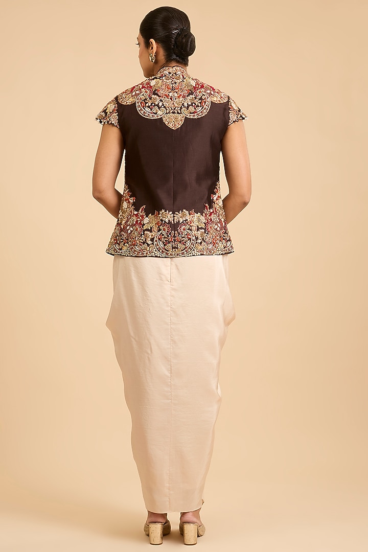 Brown Chanderi Silk Embroidered Jacket Set by Debyani at Pernia's Pop Up Shop