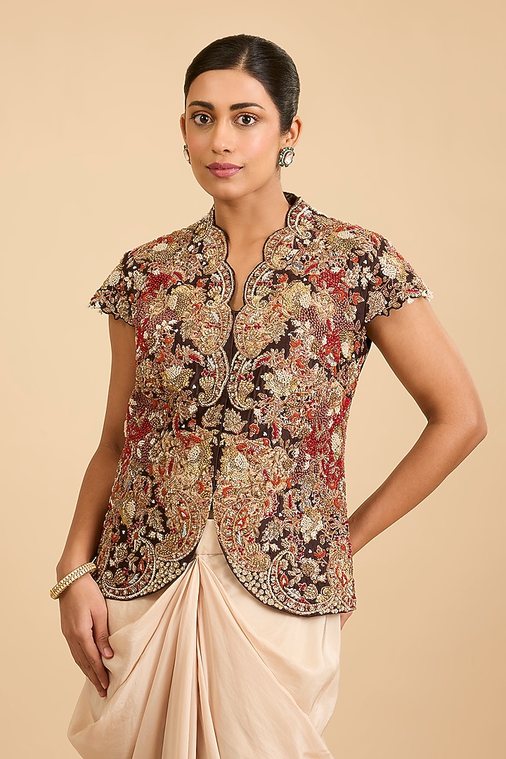 Brown Chanderi Silk Embroidered Jacket Set by Debyani at Pernia's Pop Up Shop