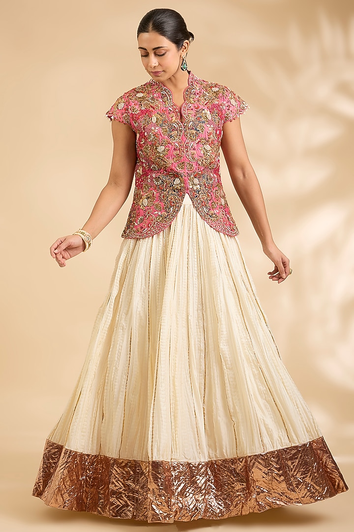 Ivory Chanderi Crushed Skirt Set by Debyani at Pernia's Pop Up Shop