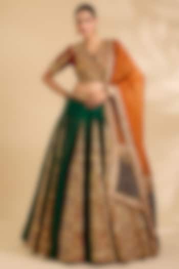 Emerald Chanderi Ajrakh Printed & Embroidered Bridal Lehenga Set by Debyani at Pernia's Pop Up Shop