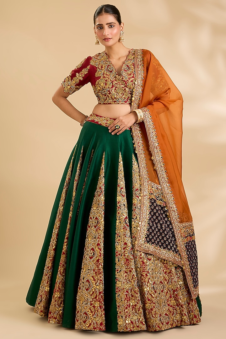 Emerald Chanderi Ajrakh Printed & Embroidered Bridal Lehenga Set by Debyani at Pernia's Pop Up Shop