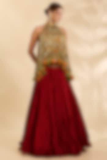 Red Chanderi Crushed Skirt Set by Debyani at Pernia's Pop Up Shop