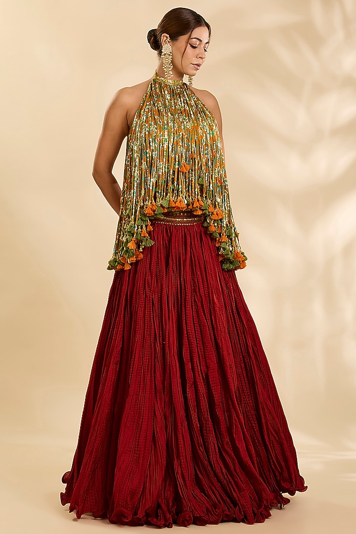 Red Chanderi Crushed Skirt Set by Debyani at Pernia's Pop Up Shop