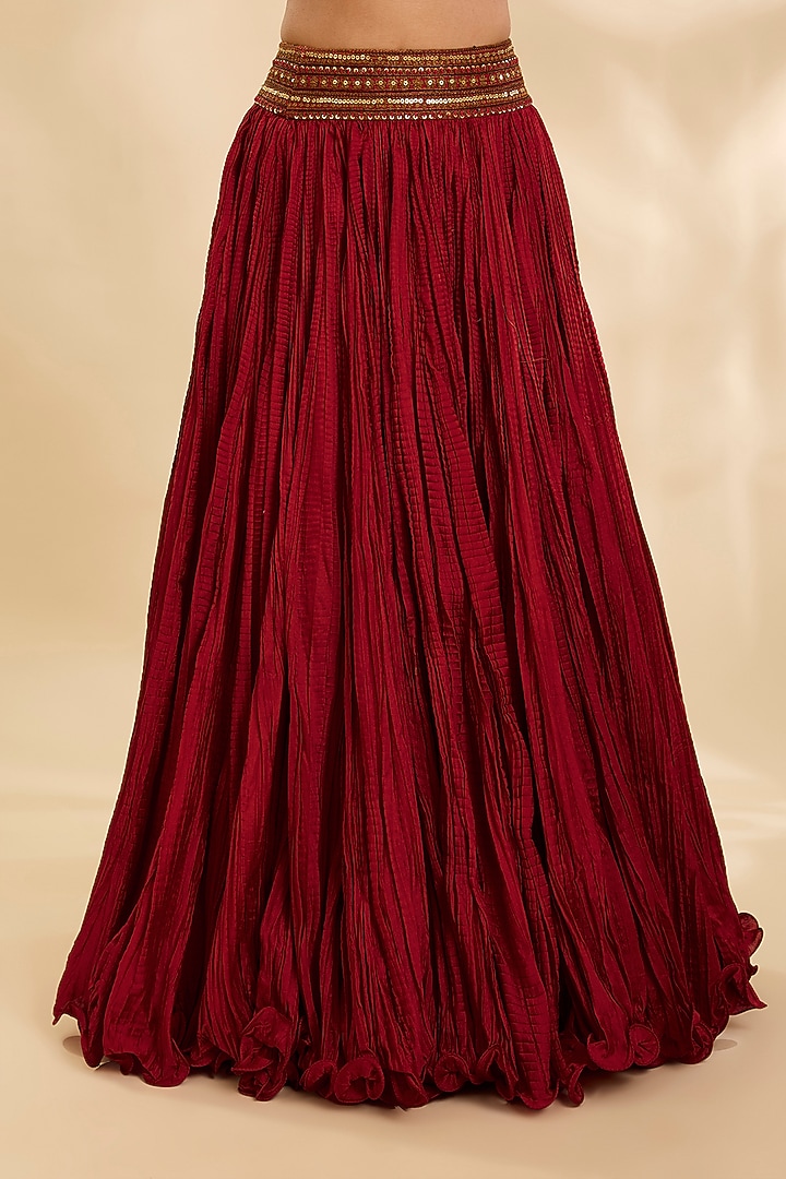 Red Chanderi Crushed Skirt Set by Debyani at Pernia's Pop Up Shop