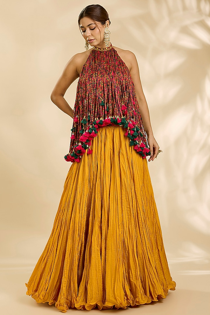 Burnt Orange Chanderi Crushed Skirt Set by Debyani at Pernia's Pop Up Shop