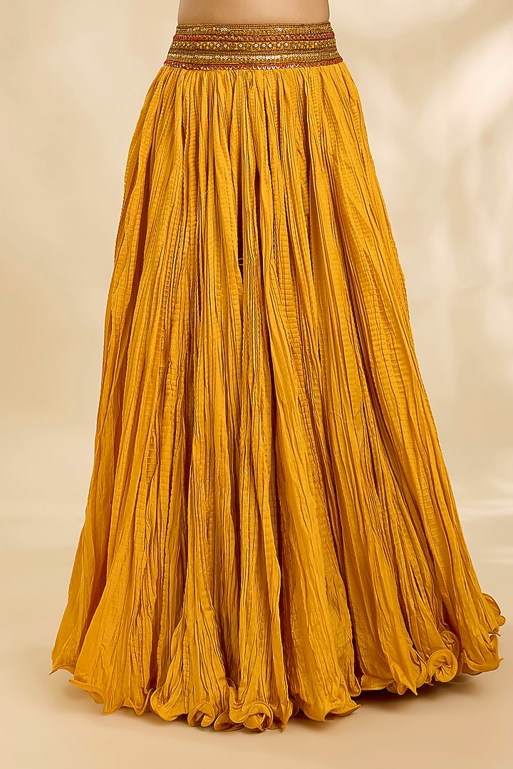 Burnt Orange Chanderi Crushed Skirt Set by Debyani at Pernia's Pop Up Shop