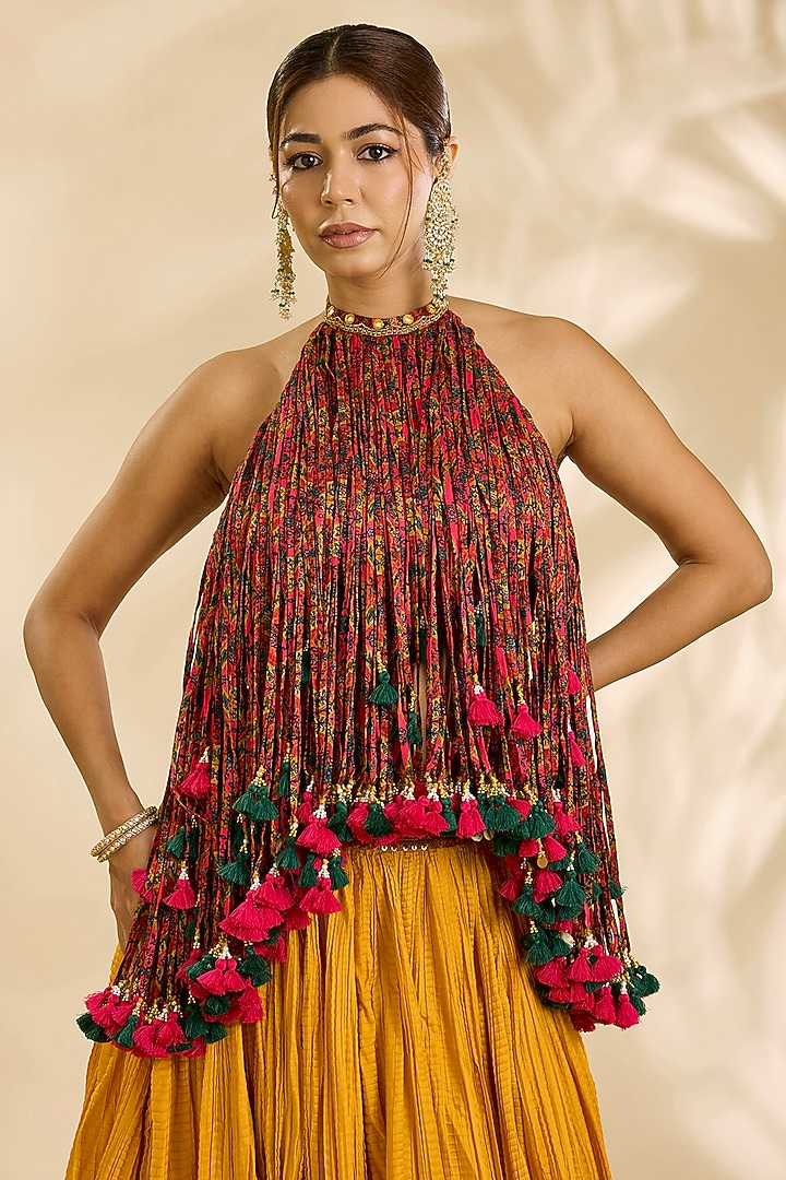 Burnt Orange Chanderi Crushed Skirt Set by Debyani at Pernia's Pop Up Shop