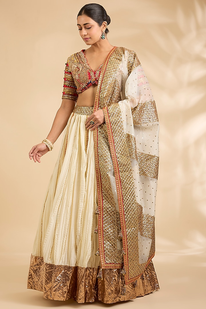 Ivory Chanderi Hand & Machine Embroidered Crushed Bridal Lehenga Set by Debyani at Pernia's Pop Up Shop