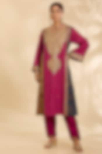 Magenta Silk Hand & Machine Embroidered Kurta Set by Debyani at Pernia's Pop Up Shop
